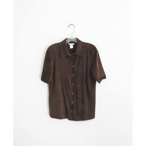 Vintage 90s Y2K Kors Michael Kors Brown Suede Short Sleeve Button Down Shirt 10